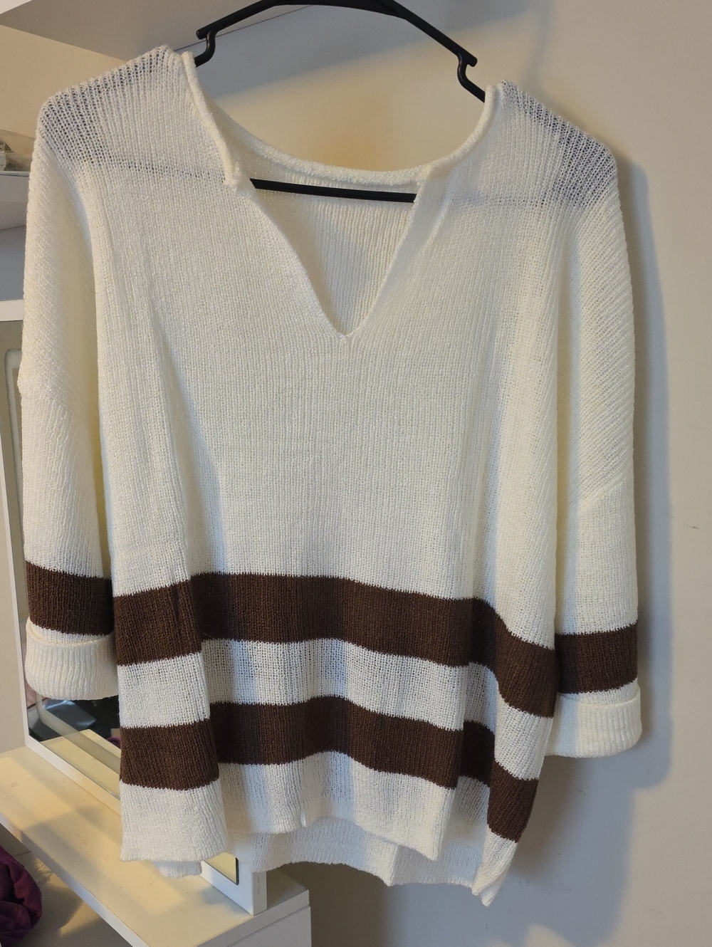 White and Brown Striped V-Neck Women's Sweater